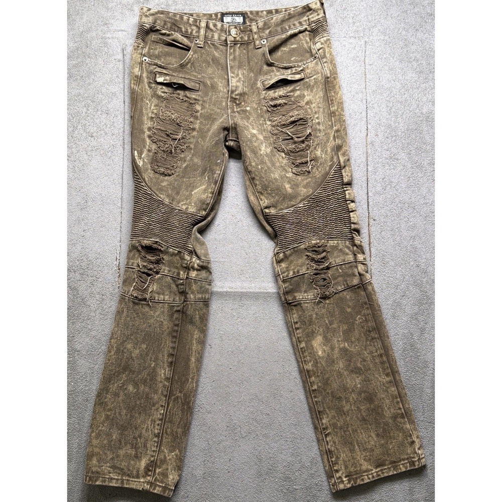 Mens Brown Distressed Moto Biker‎ Jeans 32x32 Ribbed Slim Fit